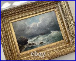 Ancien tableau marine mer XIX 19 bateau tempête paysage marin peinture hst cadre