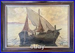 Ancien tableau marine mer bateau de pêche barque coucher soleil XIX XX peinture