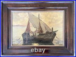 Ancien tableau marine mer bateau de pêche barque coucher soleil XIX XX peinture