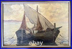 Ancien tableau marine mer bateau de pêche barque coucher soleil XIX XX peinture