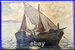 Ancien tableau marine mer bateau de pêche barque coucher soleil XIX XX peinture