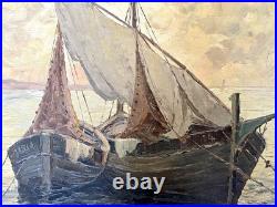 Ancien tableau marine mer bateau de pêche barque coucher soleil XIX XX peinture