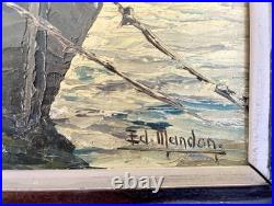 Ancien tableau marine mer bateau de pêche barque coucher soleil XIX XX peinture