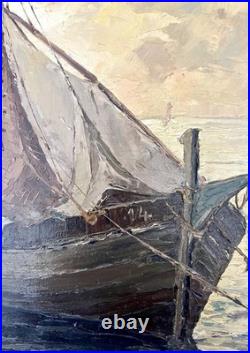 Ancien tableau marine mer bateau de pêche barque coucher soleil XIX XX peinture
