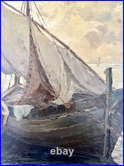 Ancien tableau marine mer bateau de pêche barque coucher soleil XIX XX peinture