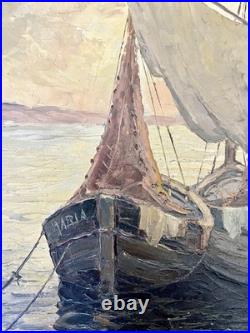Ancien tableau marine mer bateau de pêche barque coucher soleil XIX XX peinture