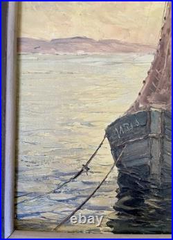 Ancien tableau marine mer bateau de pêche barque coucher soleil XIX XX peinture