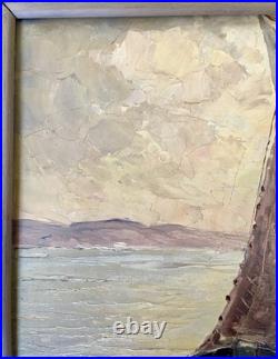 Ancien tableau marine mer bateau de pêche barque coucher soleil XIX XX peinture
