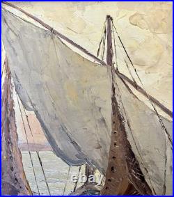 Ancien tableau marine mer bateau de pêche barque coucher soleil XIX XX peinture