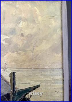 Ancien tableau marine mer bateau de pêche barque coucher soleil XIX XX peinture