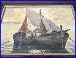 Ancien tableau marine mer bateau de pêche barque coucher soleil XIX XX peinture