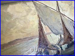 Ancien tableau marine mer bateau de pêche barque coucher soleil XIX XX peinture