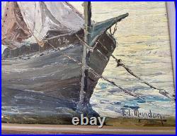 Ancien tableau marine mer bateau de pêche barque coucher soleil XIX XX peinture