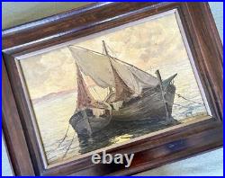 Ancien tableau marine mer bateau de pêche barque coucher soleil XIX XX peinture