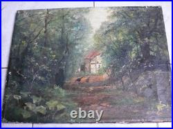 Ancien tableau peinture huile sur toile ferme poules sous bois signé