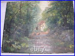 Ancien tableau peinture huile sur toile ferme poules sous bois signé
