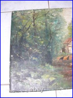 Ancien tableau peinture huile sur toile ferme poules sous bois signé