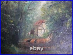 Ancien tableau peinture huile sur toile ferme poules sous bois signé