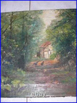 Ancien tableau peinture huile sur toile ferme poules sous bois signé