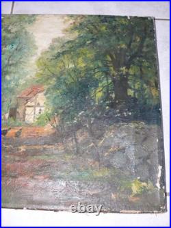 Ancien tableau peinture huile sur toile ferme poules sous bois signé