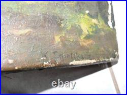 Ancien tableau peinture huile sur toile ferme poules sous bois signé