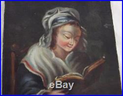 Ancien tableau peinture huile sur toile hst la lectureenfant signature initial