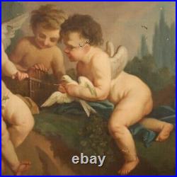 Ancien tableau peinture huile sur toile jeu d'angelots 800 19ème siècle