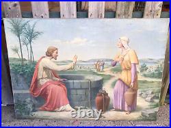 Ancien tableau religieux peinture sur toile Jésus et la Samaritaine signé 19ème