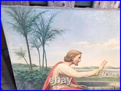Ancien tableau religieux peinture sur toile Jésus et la Samaritaine signé 19ème