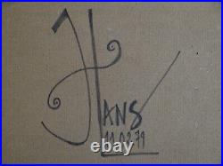 Ancien tableau xx composition mixte abstrait signé & daté Hans 1979