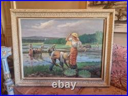 Ancienne Grande Peinture, Huile Sur Toile Représentant Une Scène De Récolte
