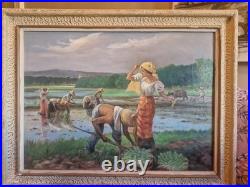 Ancienne Grande Peinture, Huile Sur Toile Représentant Une Scène De Récolte