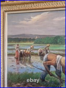Ancienne Grande Peinture, Huile Sur Toile Représentant Une Scène De Récolte