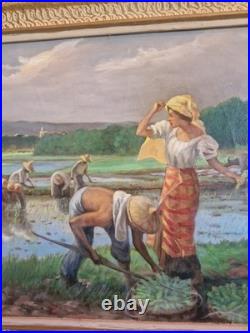 Ancienne Grande Peinture, Huile Sur Toile Représentant Une Scène De Récolte