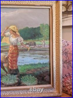 Ancienne Grande Peinture, Huile Sur Toile Représentant Une Scène De Récolte