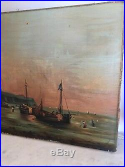 Ancienne Huile toile peinture tableau MARINE Bateaux MER signée XIX 19TH PORT