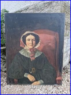 Ancienne Peinture Grand Format, Huile Sur Toile Portrait De Femme