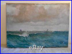 Ancienne Peinture Huile Sur Toile Signée Yule 1894 Marine Voiliers Mer Orage