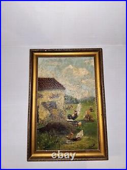 Ancienne Peinture Sur Toile Signée ferme Campagne poules coq Poulailler