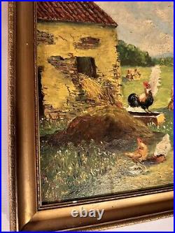 Ancienne Peinture Sur Toile Signée ferme Campagne poules coq Poulailler