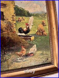 Ancienne Peinture Sur Toile Signée ferme Campagne poules coq Poulailler