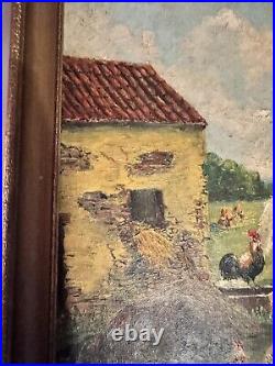 Ancienne Peinture Sur Toile Signée ferme Campagne poules coq Poulailler