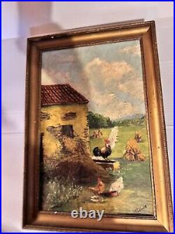 Ancienne Peinture Sur Toile Signée ferme Campagne poules coq Poulailler