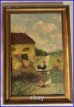 Ancienne Peinture Sur Toile Signée ferme Campagne poules coq Poulailler