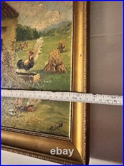 Ancienne Peinture Sur Toile Signée ferme Campagne poules coq Poulailler