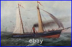 Ancienne huile sur toile 47,5 x 70 cm navires sur une mer formée signée Marine