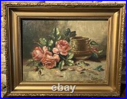 Ancienne huile sur toile signée A. Daens bouquet de roses étendu sur une table