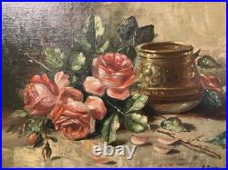 Ancienne huile sur toile signée A. Daens bouquet de roses étendu sur une table