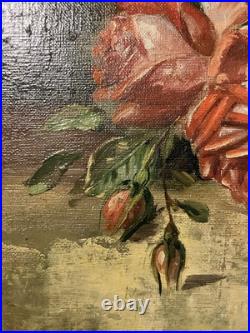 Ancienne huile sur toile signée A. Daens bouquet de roses étendu sur une table