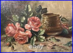Ancienne huile sur toile signée A. Daens bouquet de roses étendu sur une table